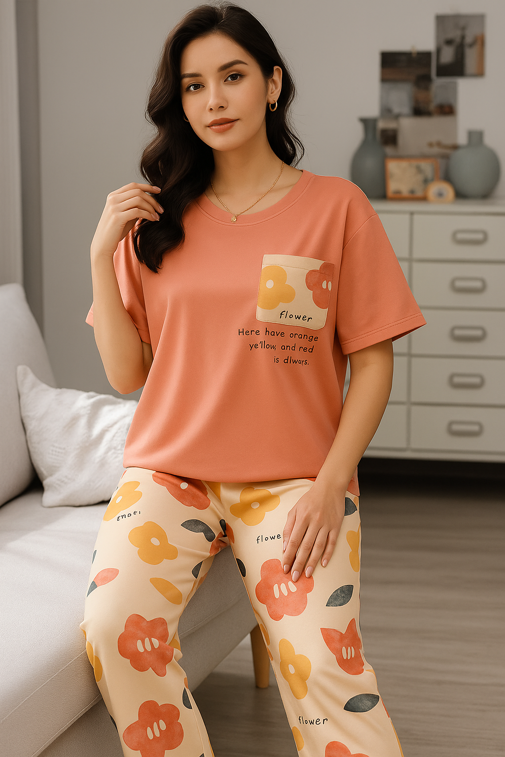 Apricot Bloom Pocket Night Suit