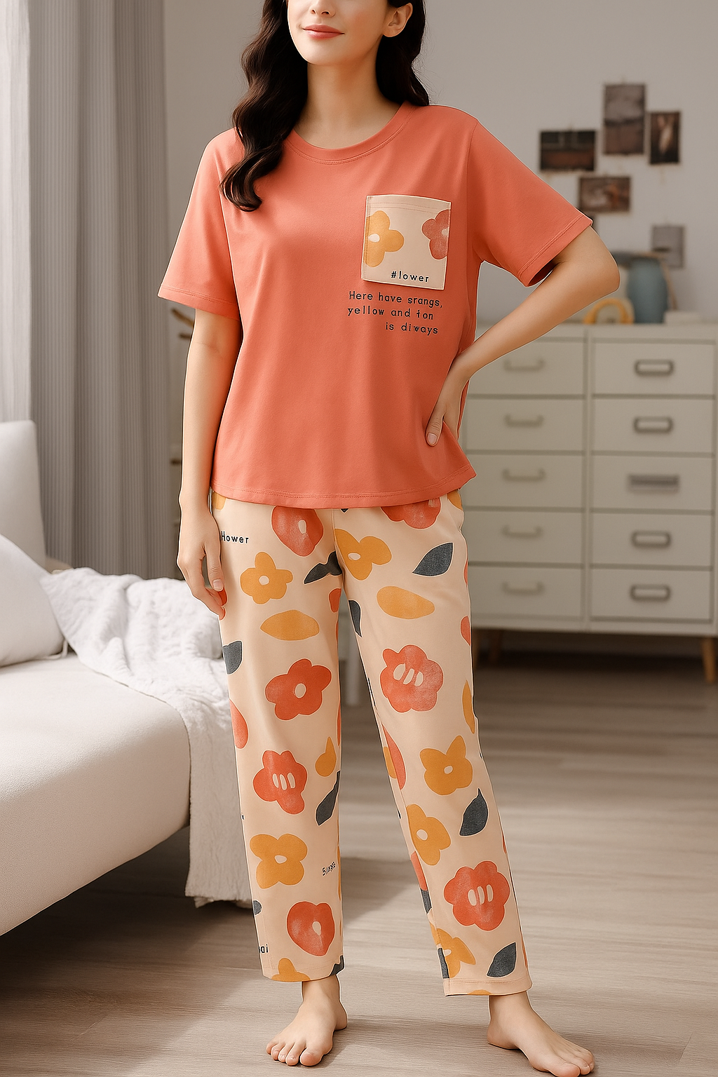 Apricot Bloom Pocket Night Suit