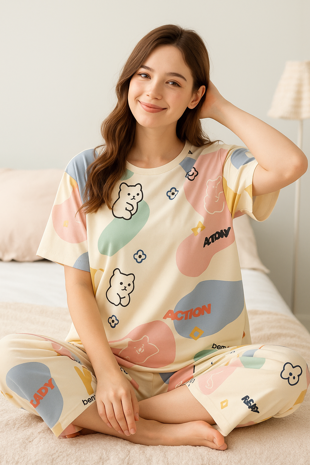 Pastel Bear Pop Capri Night Suit