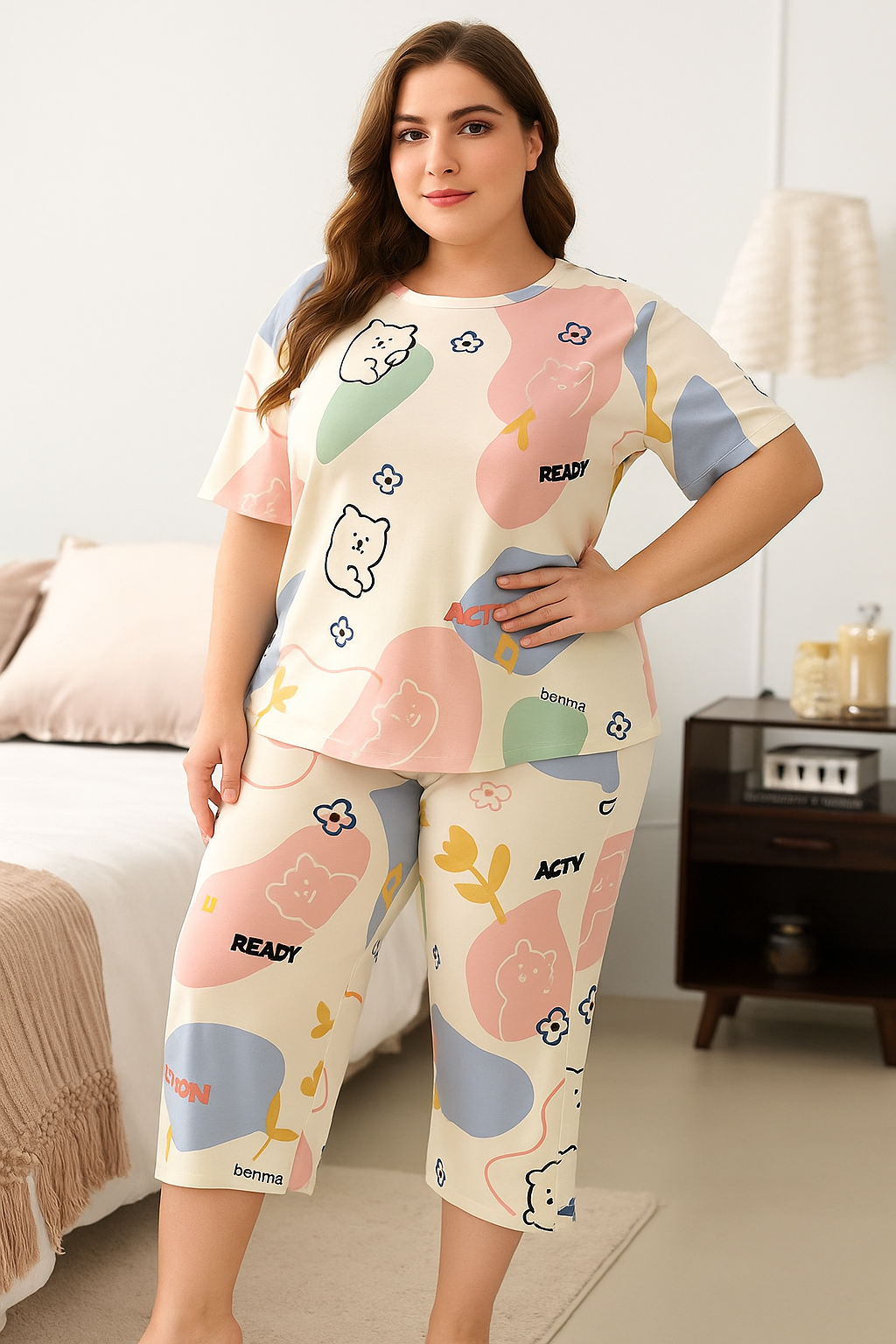 Pastel Bear Pop Capri Night Suit