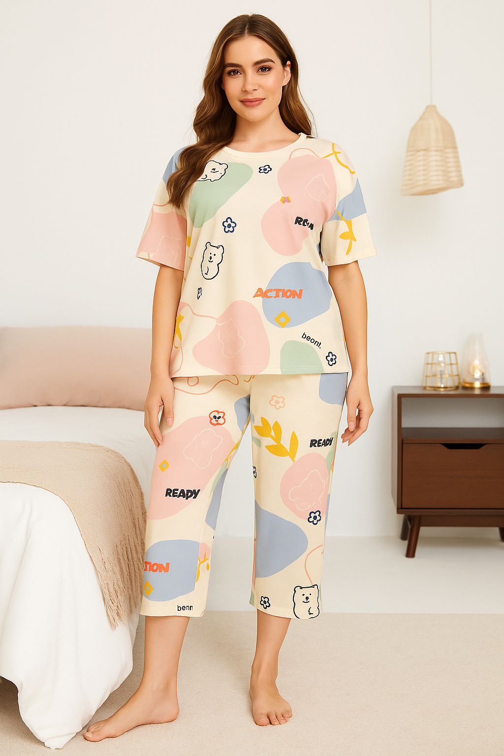 Pastel Bear Pop Capri Night Suit