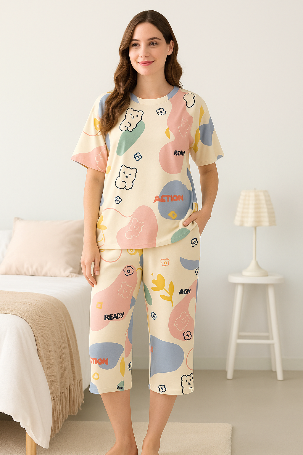 Pastel Bear Pop Capri Night Suit